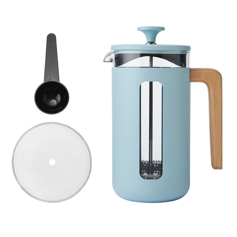 Pisa Stainless Steel Cafetière, Sky Blue, Eight Cup, Gift Boxed