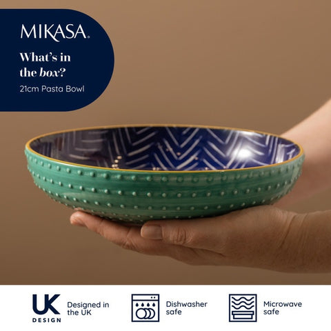 Glazed Stoneware Coupe Bowl, Indigo Chevron, 21x5cm, Labelled