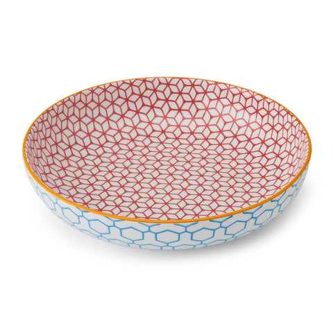 Glazed Stoneware Coupe Bowl, Geometric Blue, 21x5cm, Labelled