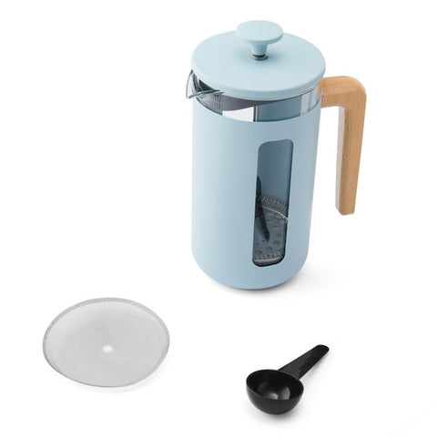 Pisa Stainless Steel Cafetière, Sky Blue, Eight Cup, Gift Boxed