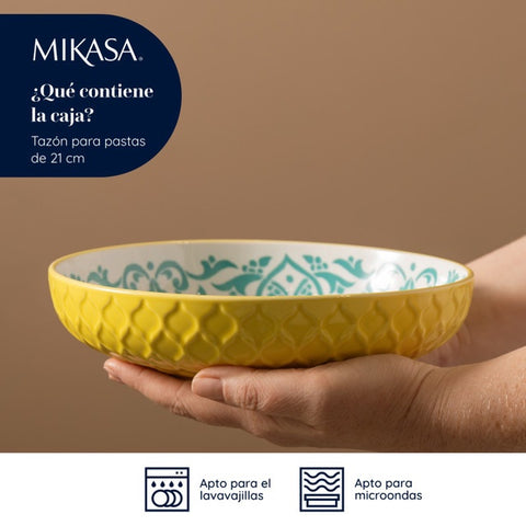 Glazed Stoneware Coupe Bowl, Yellow and Blue Geometric, 21x5cm, Labelled